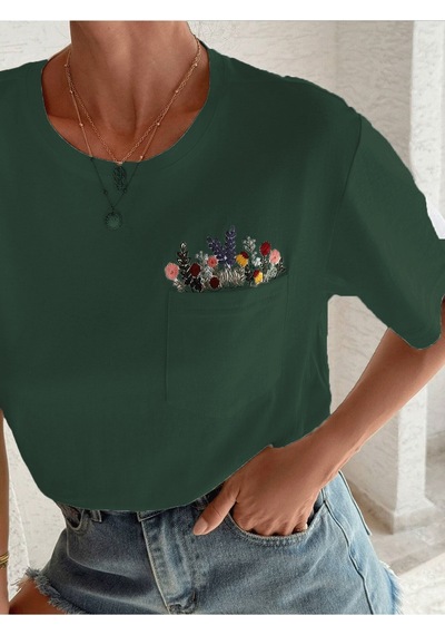 Flood Of Style Kadın Nefti Yeşili Çiçekli Cep Baskılı Oversize Yeşil
