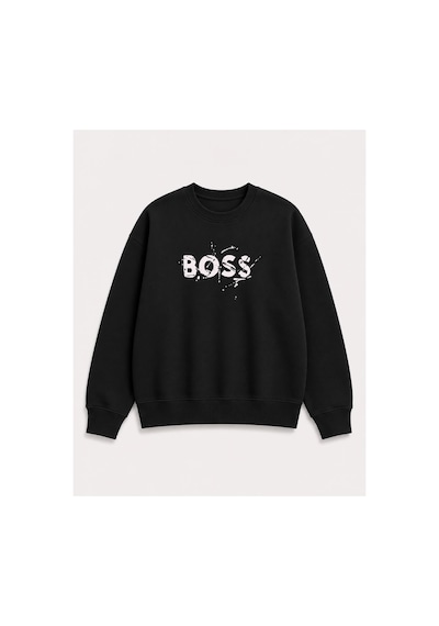 Herkesemoda Baskı Detaylı Şardonlu 2 İplik Bisiklet Yaka Sweatshirt Siyah