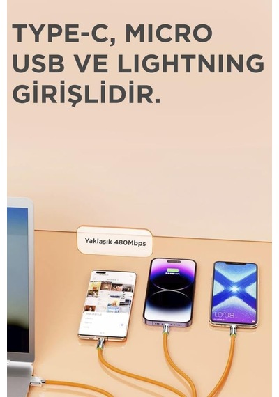Şarj Kablosu Usb To Type-c Lightning Micro 3ın1 Data Kablo U160 Siyah Diğer