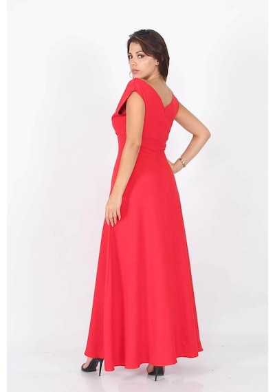 Dip Moda Dipmoda Kadın Omuz Detaylı Kayık Yaka Uzun Abiye Elbise Dp8076 Kırmızı
