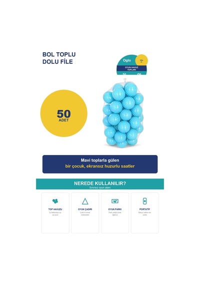 Mavi Havuz Topu 50 Adet Yumuşak Oyun Havuzu Topları, Filede 1+ Yaş