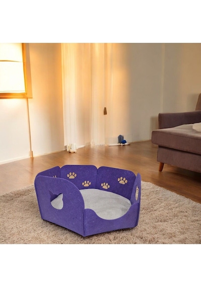 Kedi Yatağı Yuvası Evi Minderli Taşınabilir 3 Mm Keçe Altıgen Tasarım Yuva+minder Mor