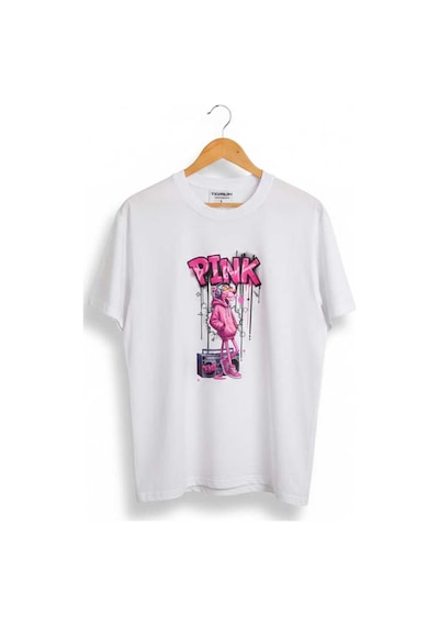 Pembe Panter Baskılı Oversize Erkek Pamuklu T-shirt Beyaz