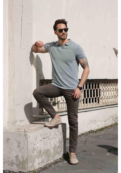 Ferraro Yeşil/Ekru Kuşgözü Desenli Polo Yaka Erkek Triko T-Shirt-Yeşil