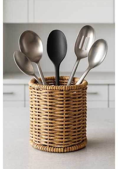Rattan Mutfak Kaşıklık Düzenleyici Organizer Kahverengi