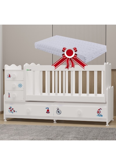Garaj Home Melina Mdf Çıtalı Beşik + Yatak - Denizci Beyaz