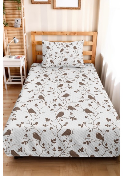 Kuşlu Bej Tek Kişilik Pike Takımı - Otantik Kahverengi Minimal 160x220 Cm Kapitone Yatak Örtüsü Şeffaf