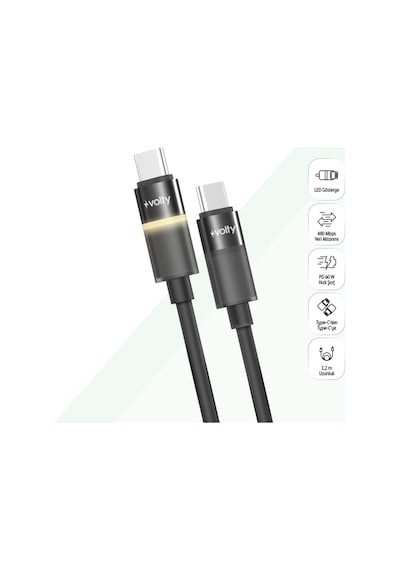 Type C Hızlı Şarj Kablosu Type-c To Type-c, 60w, 480 Mbps, 1.2m, Pd, Led Işıklı Siyah