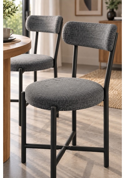 Sulorahome 2'li Keten Kumaş Metal Ayaklı Modern Mutfak Sandalyesi Seti Antrasit