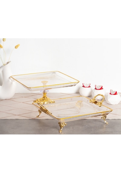 Elta Collection 2 Li Paşabahçe Kristal Metal Ayaklı Yaldızlı Kare Pasta Sunumluk Kurabiyelik Gold