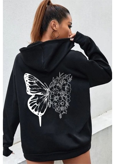 Medinenur Unisex Siyah Kelebek Baskılı Kapüşonlu Sweatshirt siyah
