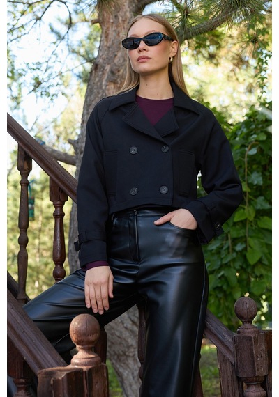 Fullamoda Kruvaze Yaka Çift Cepli Crop Trençkot Siyah