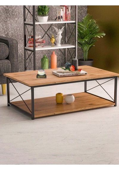 Ceviz Desenli Çift Raflı Orta Sehpa 90x50 Cm
