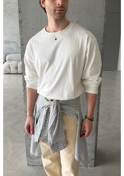 Erkek Oversize Uzun Kollu Basic T-shirt Beyaz