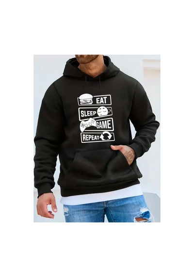 Medinenur Eat Sleep Game Baskılı Kapüşonlu Sweatshirt Kırmızı