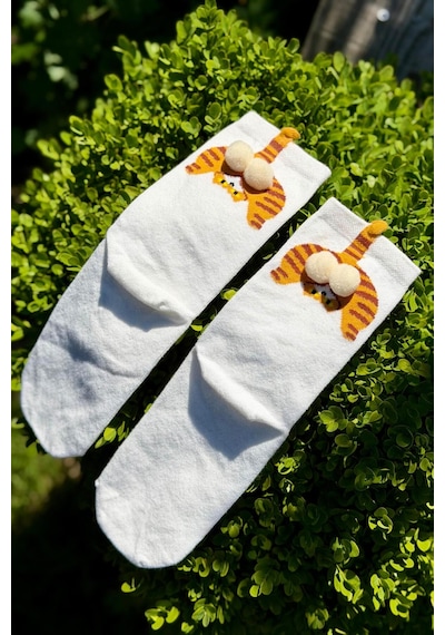 Lousocks Unisex Bej Krem Kedi Desenli Ponpon Soket Çorap