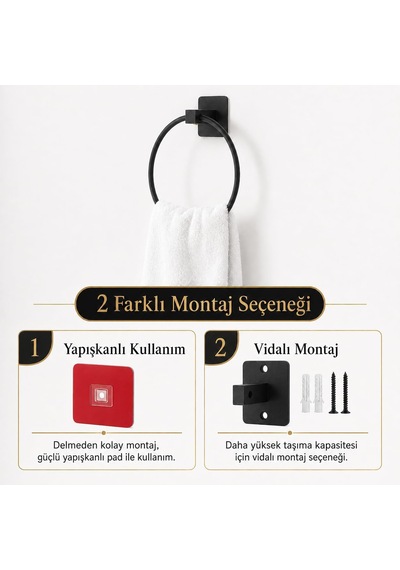 Lexroo Siyah Kare Yuvarlak Havluluk, Yapışkanlı Ve Vidalı Montajlı Duvara Monte Halka Havlu Askısı