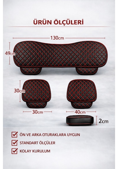 Peugeot Bipper 2008-2017 Uyumlu 3 Parça Deri Oturak Minder Siyah - Kırmızı