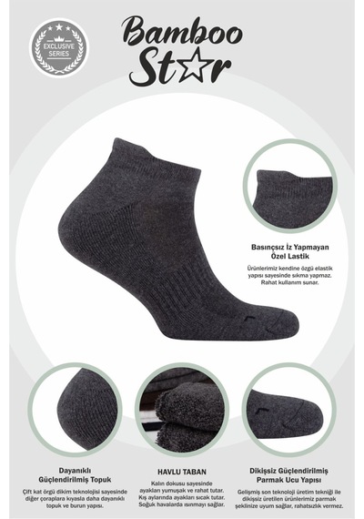 Bamboo Star Kadın Havlu Patik Çorap, Spor, Antibakteriyel ,esnek,dikişsiz Asorti 6lı Premium Çorap Çok Renkli