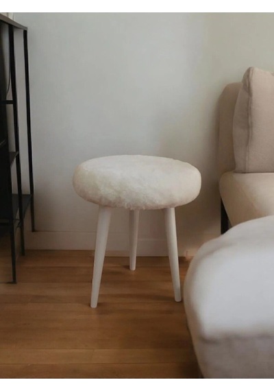 Neta Home Ahşap Ayak Dekoratif Beyaz Peluş Puf Tabure Bench Yuvarlak Koltuk Sandalye Beyaz