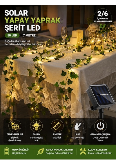 Solar Yapay Yaprak Şerit Led 7 Metre 50 Led, Güneş Enerjili Sarmaşık Dekoratif Aydınlatma, Balkon Bahçe Duvar Süs Lambası