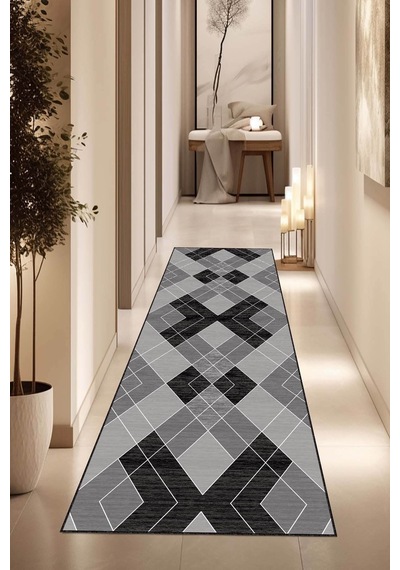 Koyu Gri Kaymaz Geometrik Kesme Rulo Özel Ölçü Yolluk Vh005