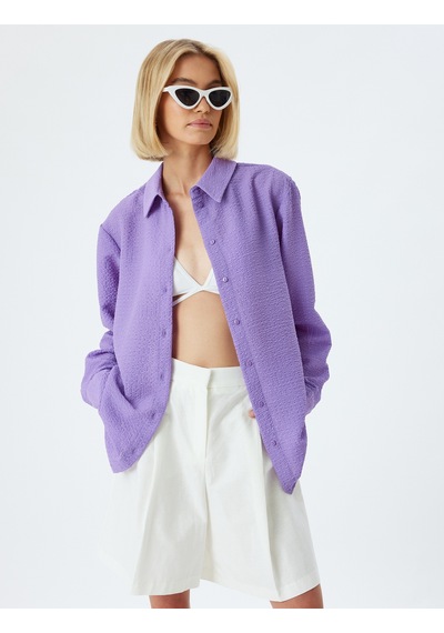 Koton Oversize Gömlek Dokulu Uzun Kollu Lila 4sak60179ew Lila