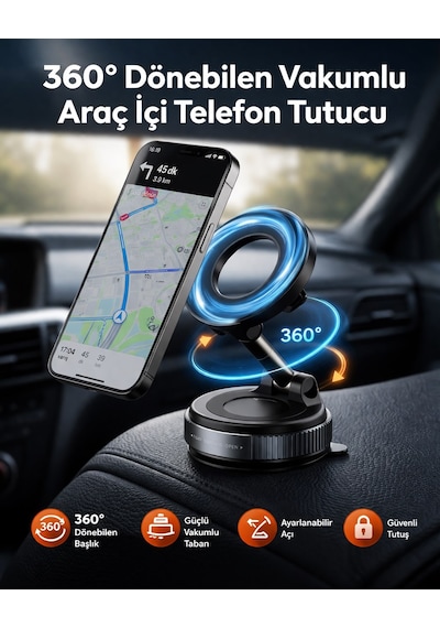360 Dönebilen Vakumlu Ayarlanabilir Araç İçi Magsafe Uyumlu Telefon Tutucu Siyah