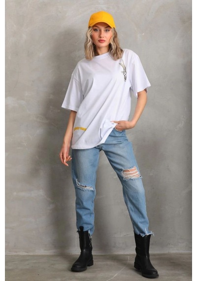 Baskılı Oversize T-shirt - Beyaz -