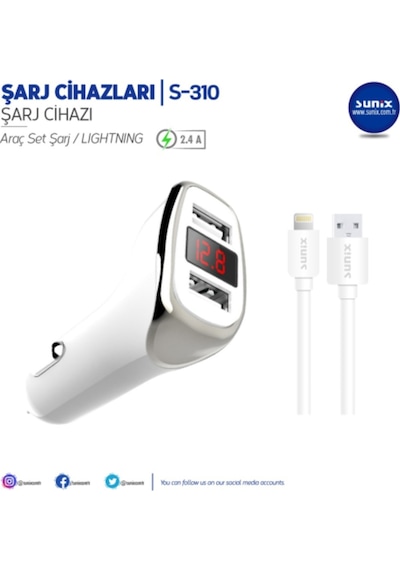 Sunix S-310 Apple Uyumlu iOS Dijital Ekran Araç Şarz 2.4 Amp Sunix S-310 Apple Uyumlu iOS Dijital Ekran Araç Şarz 2.4 Amp