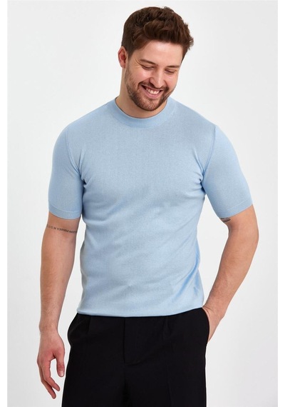 Cool Tarz Mavi Erkek Yarım Balıkçı Düz Triko T-shirt-trz19129r09s Mavi Mavi