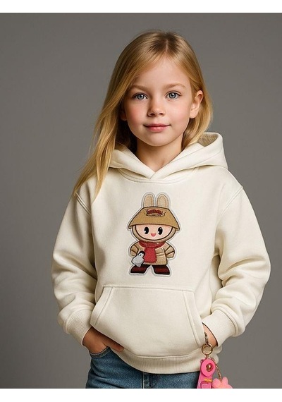 Kız Çocuk Kapüşonlu Karakter Baskılı Anahtarlıklı Sweatshirt-16325 Ekru
