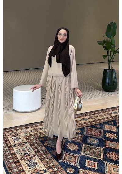 Riella Butik Mirel Volanlı Tesettür Takım Vizon
