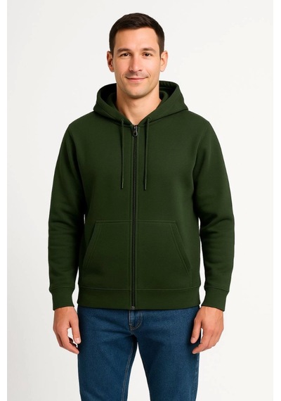 Erkek Üç İplik Kapüşonlu Tam Fermuarlı Kanguru Çepli Sweatshirt Hoodie - Haki Haki