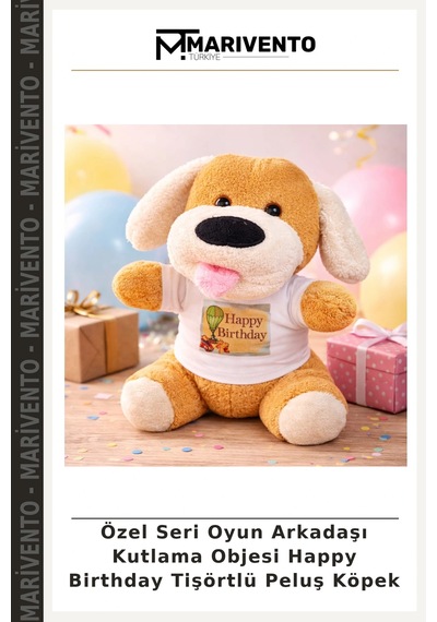 Özel Seri Oyun Arkadaşı Kutlama Objesi Happy Birthday Tişörtlü Peluş Köpek Çok Renkli