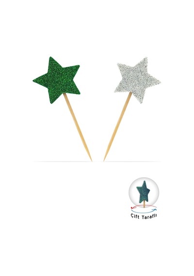 Beyaz-yeşil Çift Taraflı Yıldız Simli Kürdan Cupcake Toppers Cupcake Çubuğu 12'li