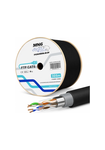 MN6 M108XF Cat6 FTP Ethernet Kablosu 305 Metre Dış Mekan UV Korumalı Çift Katmanlı PE+PVC Parazit Önleyici 23AWG 0.60mm