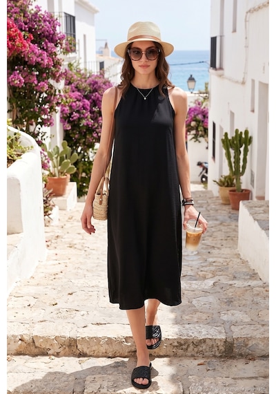 Lela Regular Fit Halter Yaka Midi Boy Bayan Elbise 67810049 Siyah