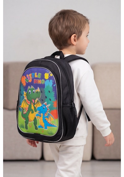 Little Dino Beslenme Çantalı İlkokul Ve Anaokulu Sırt Çantası Seti Ergonomik Çocuk Okul Çantası Siyah