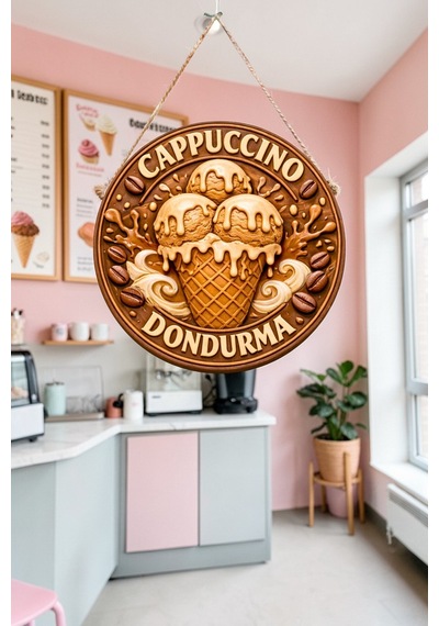 Cappucino Dondurma Görselli Ahşap İpli Kapı Duvar Süsü Modern Cafe Duvar Pano