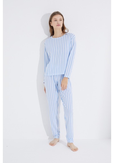 Siyah İnci Jogger Örme Pijama Takım 7703 Mavi Beyaz
