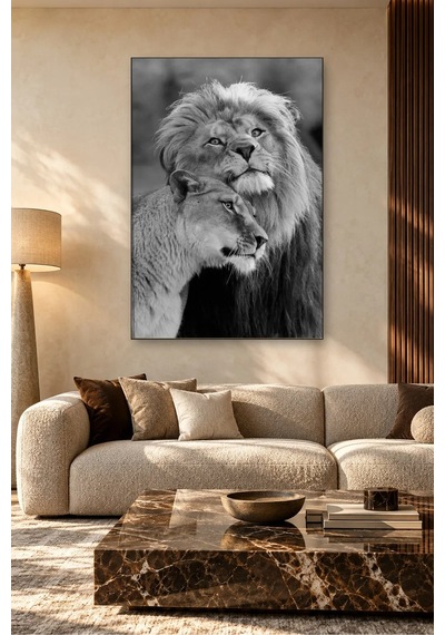 Fida Siyah Beyaz Aslan Ve Dişi Aslan Canvas Tablo Beyaz - Siyah