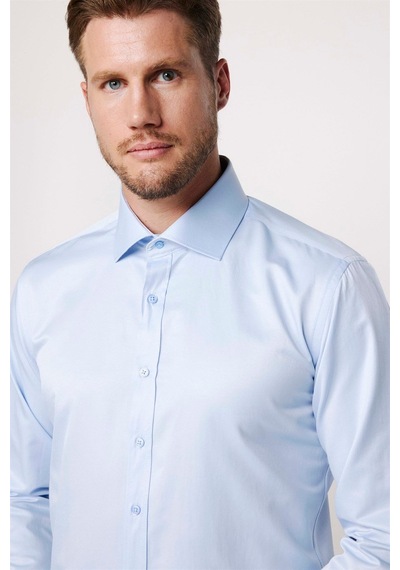 Tudors Modern Slim Fit Uzun Kollu Düz Saten Pamuklu Erkek Mavi Gömlek-23050 Mavi
