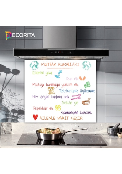 Decorita Renkli Mutfak Kuralları Cam Ocak Arkası Beyaz 52x60cm