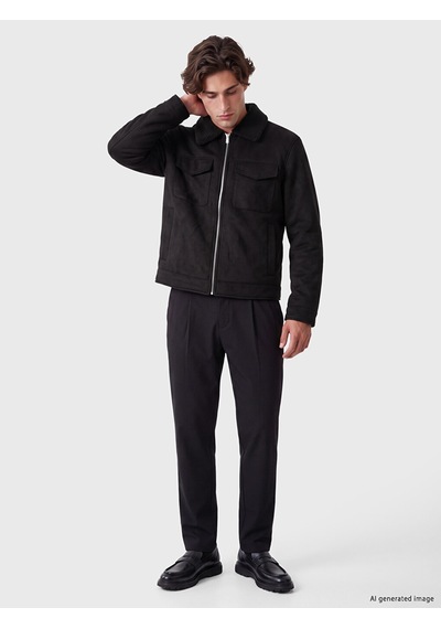 LC Waikiki Lc Waıkıkı Siyah Regular Fit Kürk Yaka Süet Erkek Mont