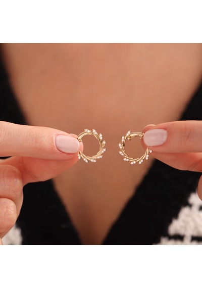Sembol Gold Altın Halka Küpe Özel Tasarım Taşlı 1.7 Cm
