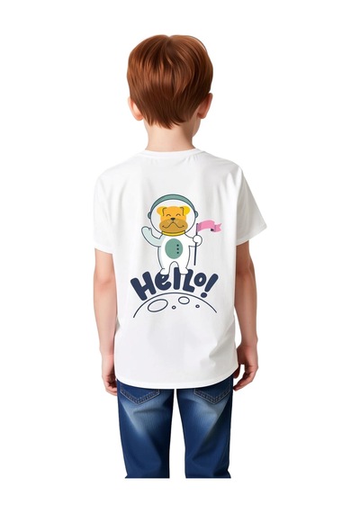 Paybuy Çocuk Uzay Astronot Baskılı Kısa Kollu Tişört Retro Grafik Merhab beyaz