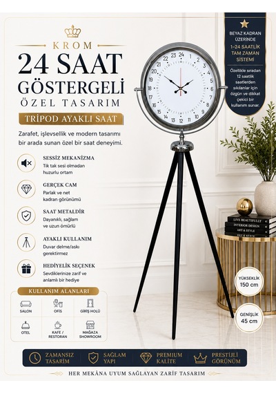 Krom 24 Saat Göstergeli Özel Tasarım Tripod Ayaklı Saat