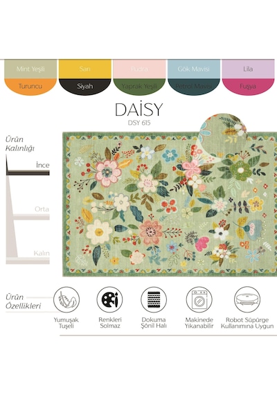 Cool Halı Daisy Mint Yeşili Çok Renkli Çiçekli Şönil Dokuma Yıkanabilir Ev Oturma Odası Salon Halısı Yeşil