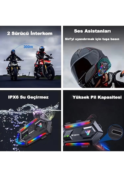 Y20 Max Su Geçirmez Kask 2 Kişi Bağlantılı Rgb Intercom